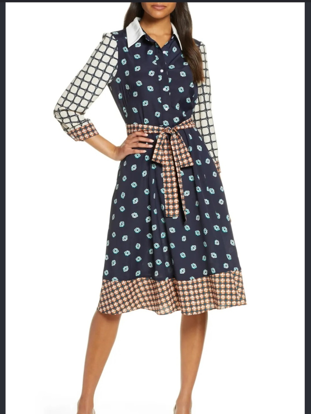 NWT Eliza J Navy Patterned Shirt Dress with Tie Waist XS 2P